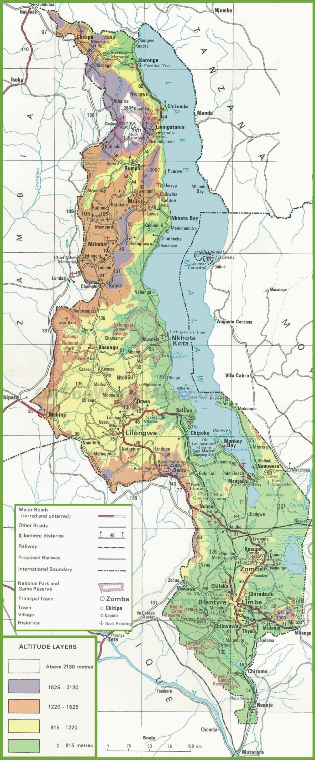 kartta fyysinen kartta Malawi