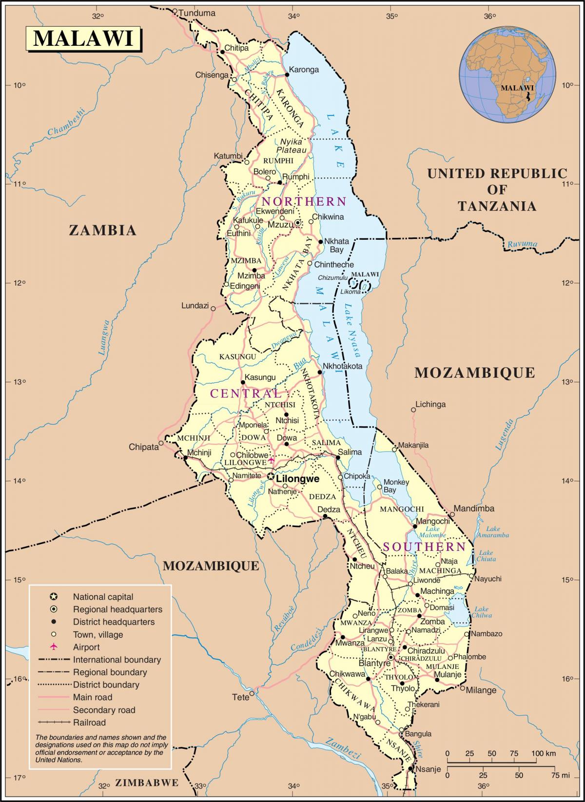 kartta Malawi osoittaa tiet